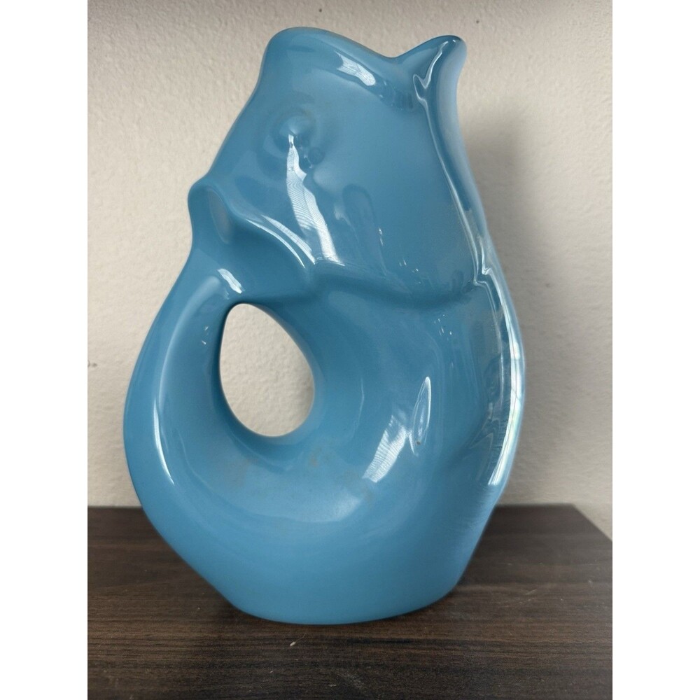 Gurgle Pot Fish Pitcher 9.5” VTG 2006 Peacock Blue